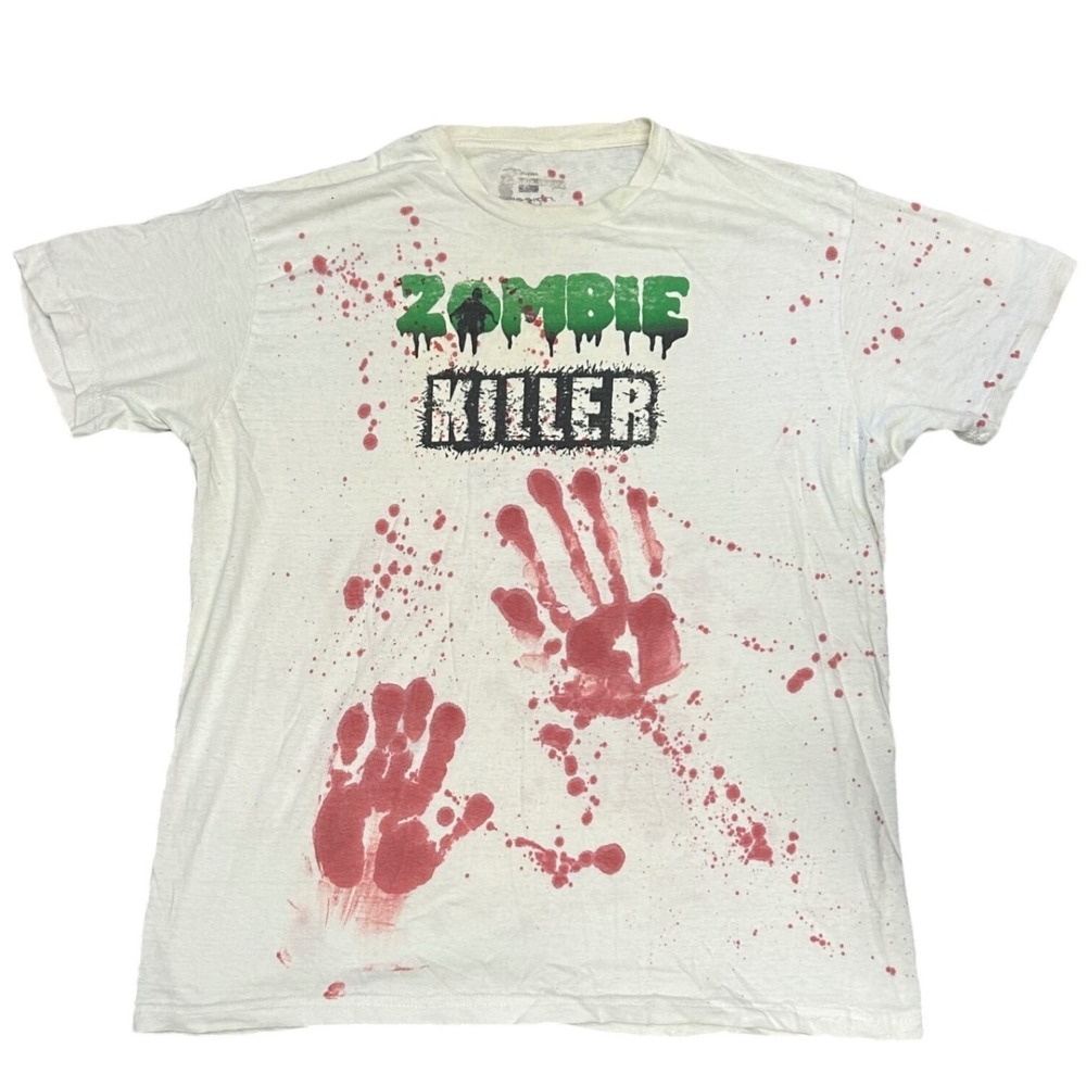 Mission Zombie Killer Graphic T-Shirt White Blood Splatter Biohazard Mens XL